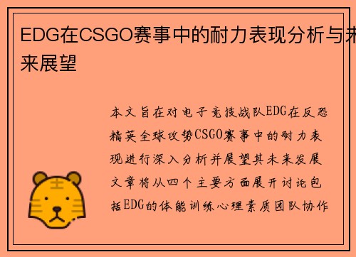 EDG在CSGO赛事中的耐力表现分析与未来展望